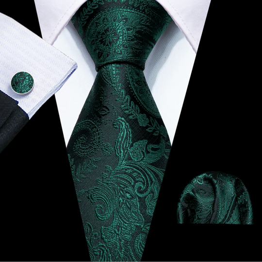 Dark Green  Paisley Silk Mens Tie Pocket Square Cufflinks Set- N-8358