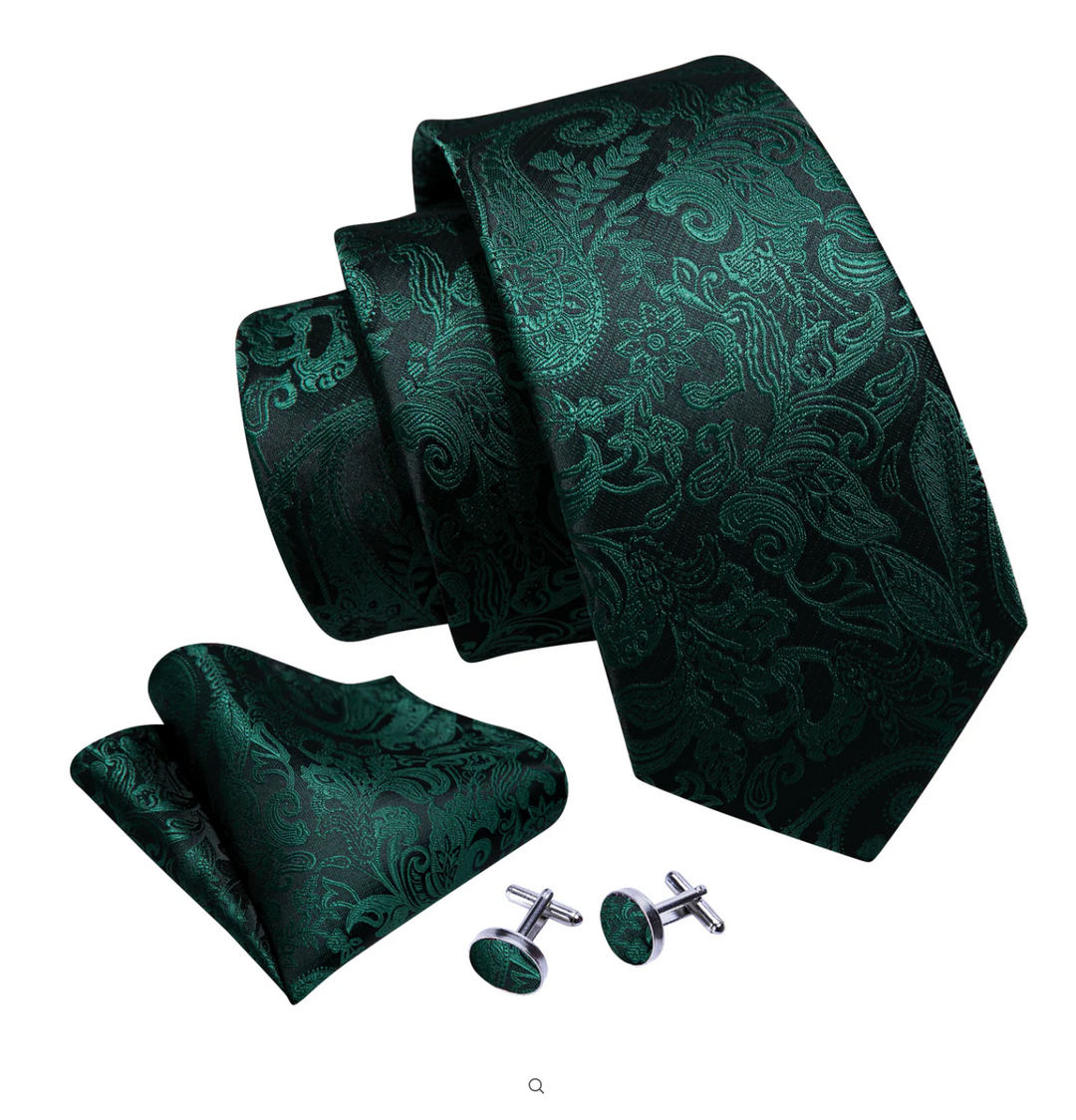 Dark Green  Paisley Silk Mens Tie Pocket Square Cufflinks Set- N-8358