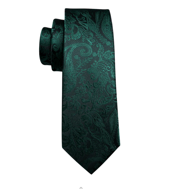 Dark Green  Paisley Silk Mens Tie Pocket Square Cufflinks Set- N-8358