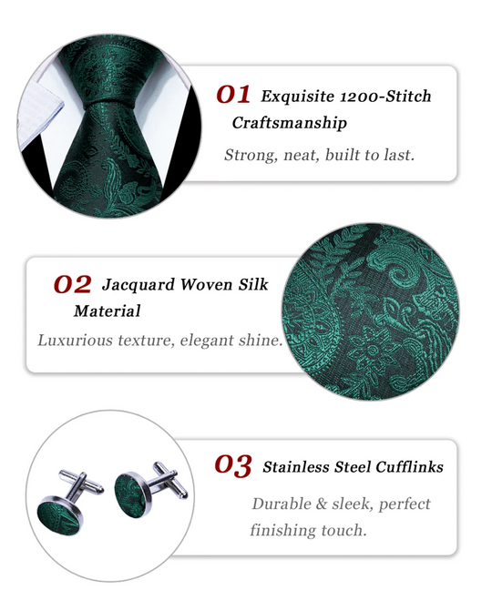 Dark Green  Paisley Silk Mens Tie Pocket Square Cufflinks Set- N-8358