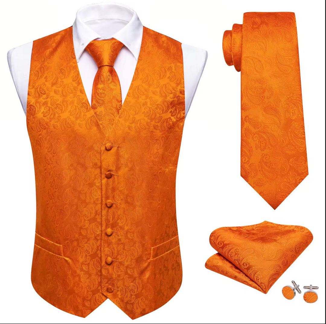 Flame Orange Paisley  Silk Mens Vest Tie Set - MJ-2655