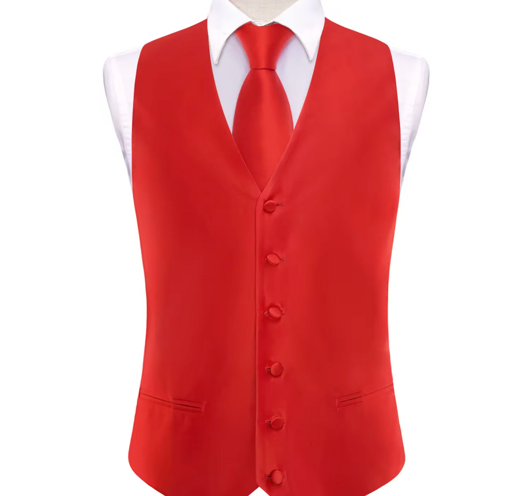 Red Solid Silk Waistcoat vest Tie Handkerchief Cufflink Set - MJ3514