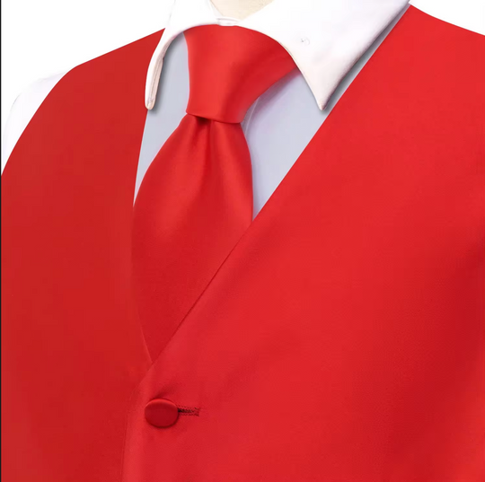 Red Solid Silk Waistcoat vest Tie Handkerchief Cufflink Set - MJ3514
