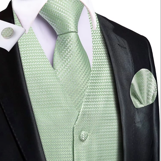 Sage Green Waistcoat vest Tie Handkerchief Cufflink Set - MJ-3512