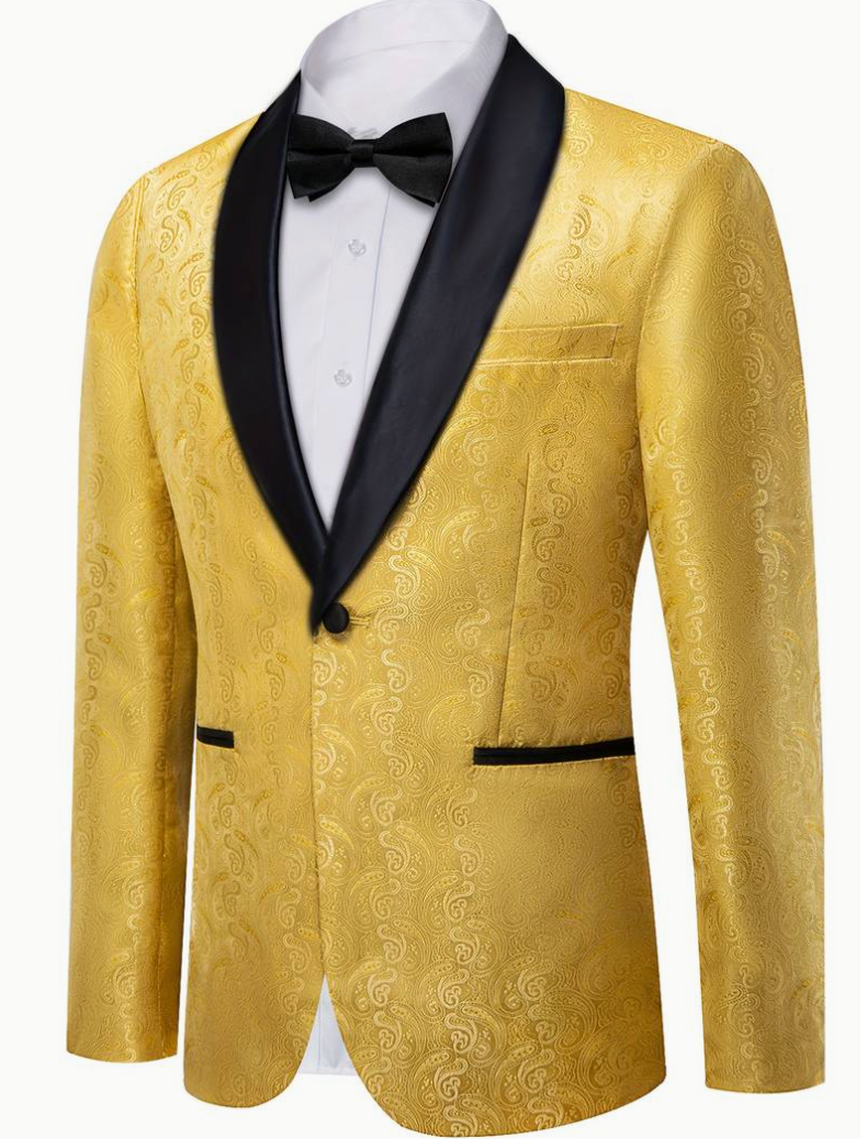 Men's Luxury Golden Embellished Tuxedo Blazer with Black Shawl Lapel & Bow Tie -XX-4016