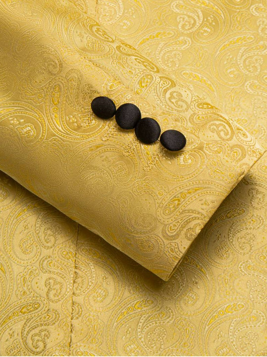 Men's Luxury Golden Embellished Tuxedo Blazer with Black Shawl Lapel & Bow Tie -XX-4016