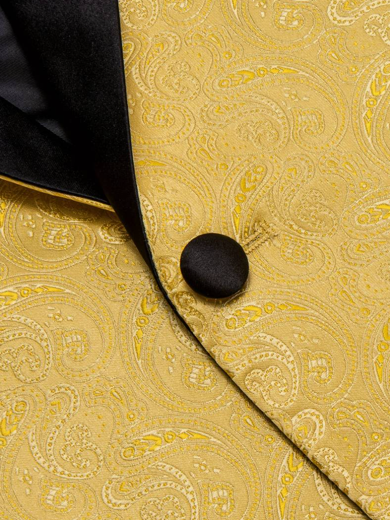 Men's Luxury Golden Embellished Tuxedo Blazer with Black Shawl Lapel & Bow Tie -XX-4016