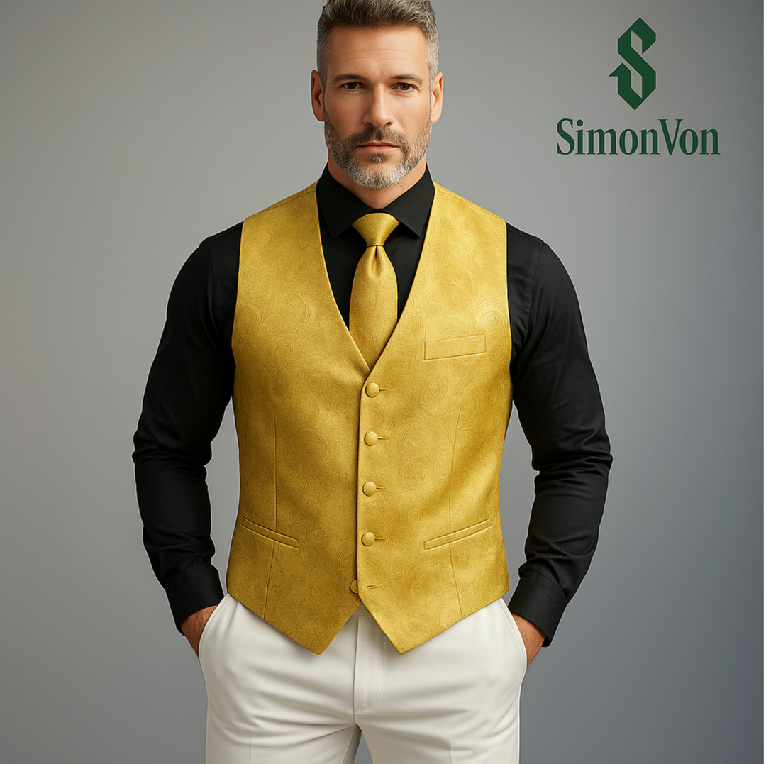 Golden Men's Flowers Paisley Pattern Print Waistcoat & Necktie Set-MJ-0143