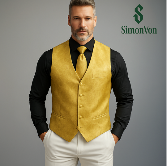 Golden Men's Flowers Paisley Pattern Print Waistcoat & Necktie Set-MJ-0143