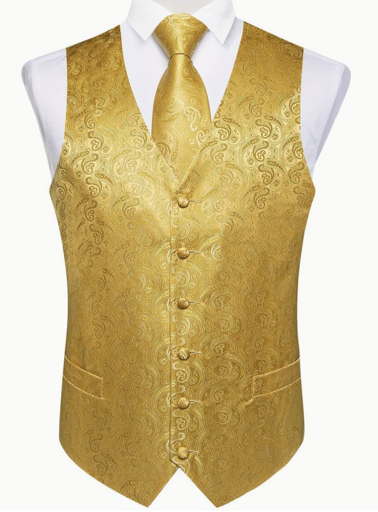 Golden Men's Flowers Paisley Pattern Print Waistcoat & Necktie Set-MJ-0143