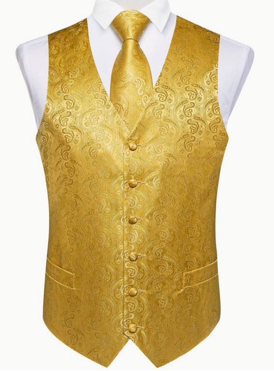 Golden Men's Flowers Paisley Pattern Print Waistcoat & Necktie Set-MJ-0143