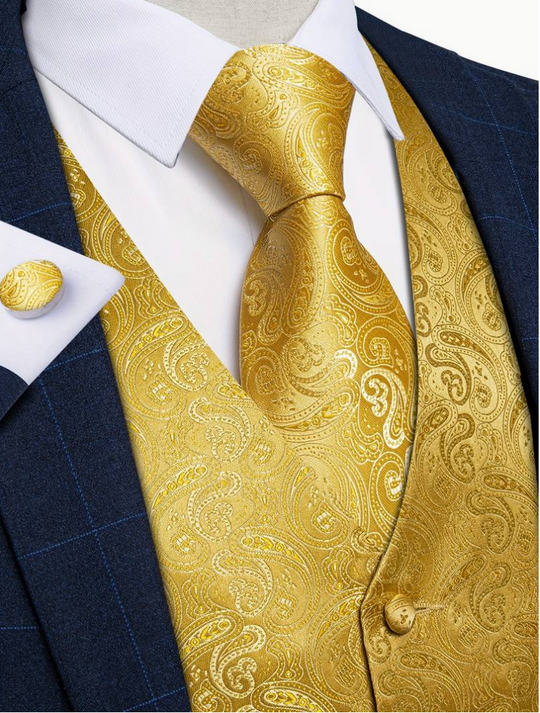 Golden Men's Flowers Paisley Pattern Print Waistcoat & Necktie Set-MJ-0143