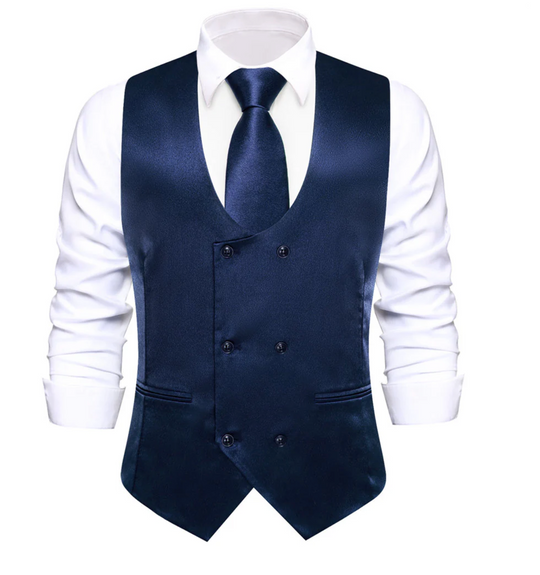 Dark Blue Solid U-Neck Double-Breasted Vest Set- MJ-3255