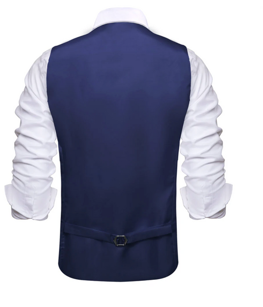 Dark Blue Solid U-Neck Double-Breasted Vest Set- MJ-3255