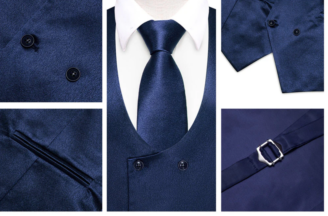 Dark Blue Solid U-Neck Double-Breasted Vest Set- MJ-3255