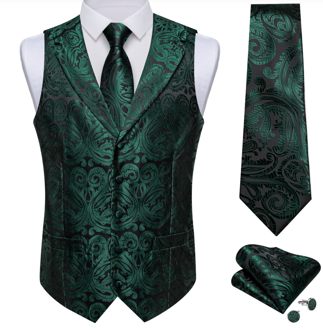 Dark Green Paisley Notched Collar Silk Mens Dress Vest Tie Set- MJ-0741