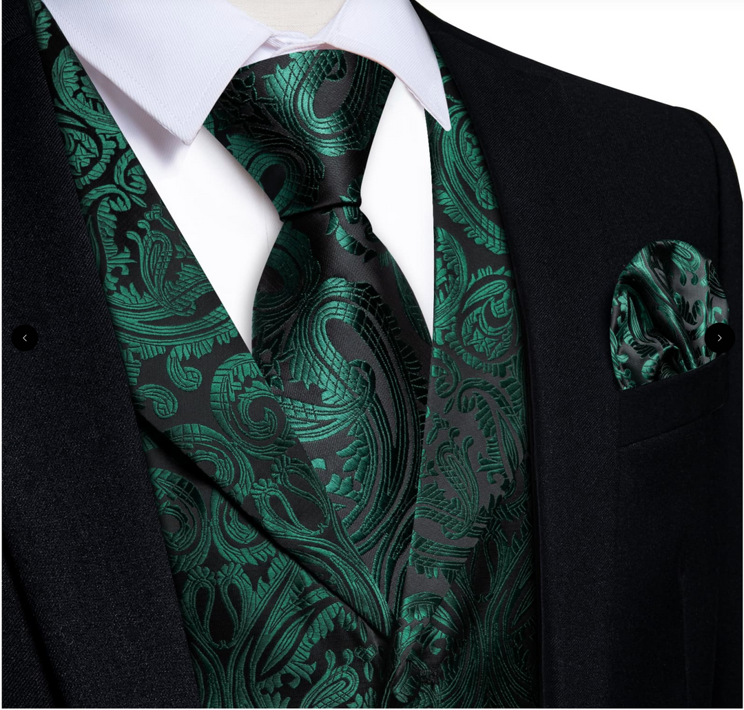 Dark Green Paisley Notched Collar Silk Mens Dress Vest Tie Set- MJ-0741