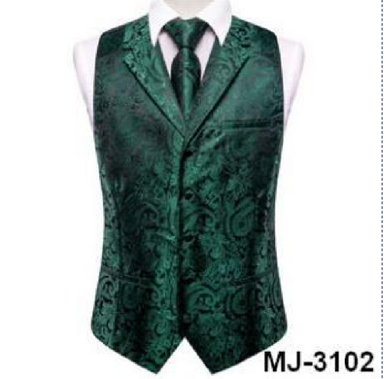 Dark Green Paisley Notched Collar Silk Mens Dress Vest Tie Set- MJ-0741
