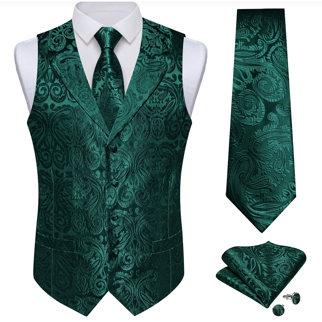 Dark Green Paisley Notched Collar Silk Mens Vest Tie Set- MJ-0719