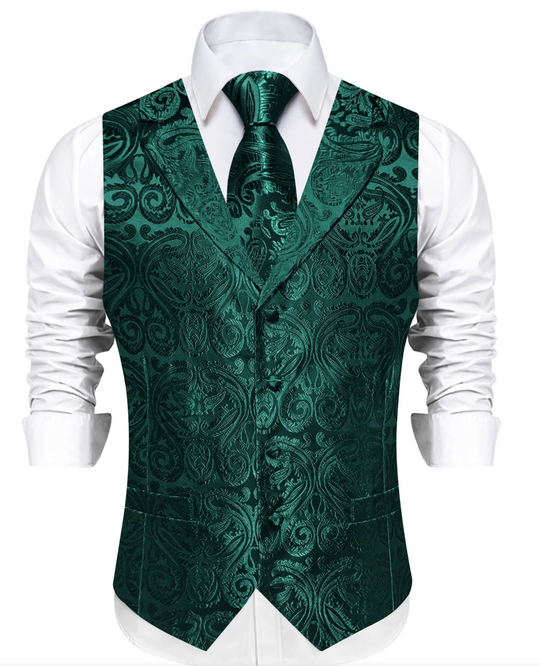 Dark Green Paisley Notched Collar Silk Mens Vest Tie Set- MJ-0719