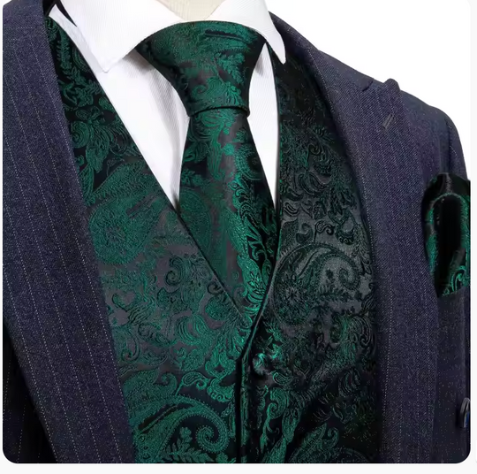 Green Floral Jacquard Silk Waistcoat Vest Necktie Handkerchief Cufflinks Set-MJ-2098