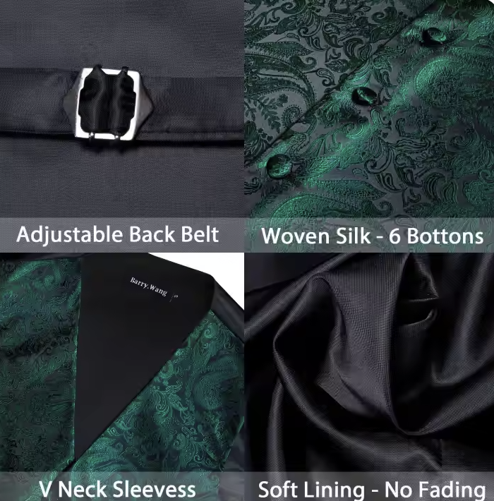 Green Floral Jacquard Silk Waistcoat Vest Necktie Handkerchief Cufflinks Set-MJ-2098