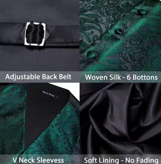 Green Floral Jacquard Silk Waistcoat Vest Necktie Handkerchief Cufflinks Set-MJ-2098