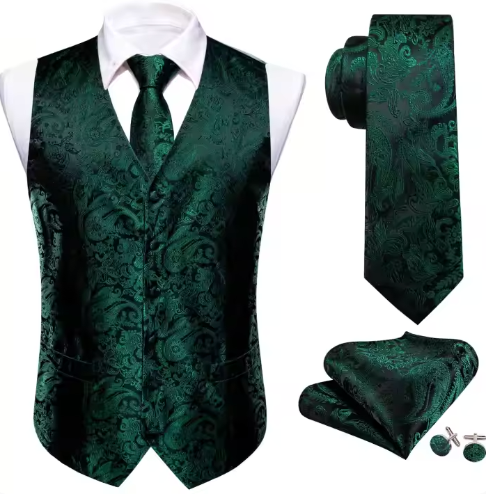 Green Floral Jacquard Silk Waistcoat Vest Necktie Handkerchief Cufflinks Set-MJ-2098