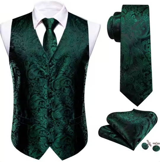 Green Floral Jacquard Silk Waistcoat Vest Necktie Handkerchief Cufflinks Set-MJ-2098