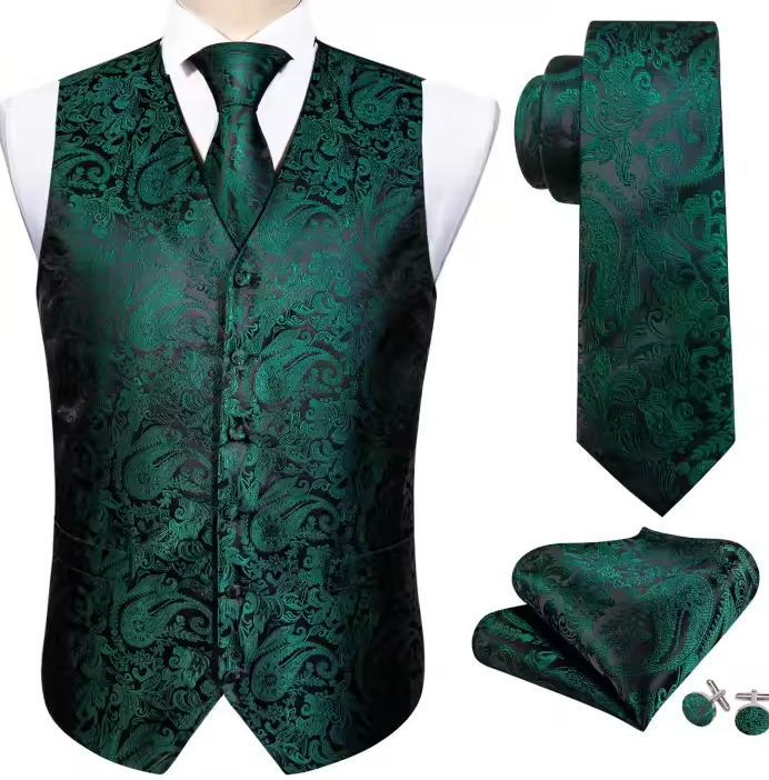 Green Floral Jacquard Silk Waistcoat Vest Necktie Handkerchief Cufflinks Set-MJ-2098