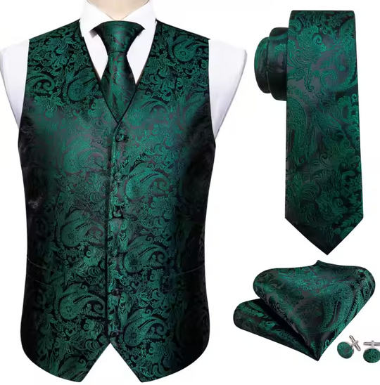 Green Floral Jacquard Silk Waistcoat Vest Necktie Handkerchief Cufflinks Set-MJ-2098