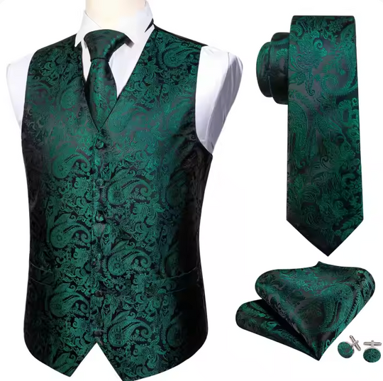 Green Floral Jacquard Silk Waistcoat Vest Necktie Handkerchief Cufflinks Set-MJ-2098