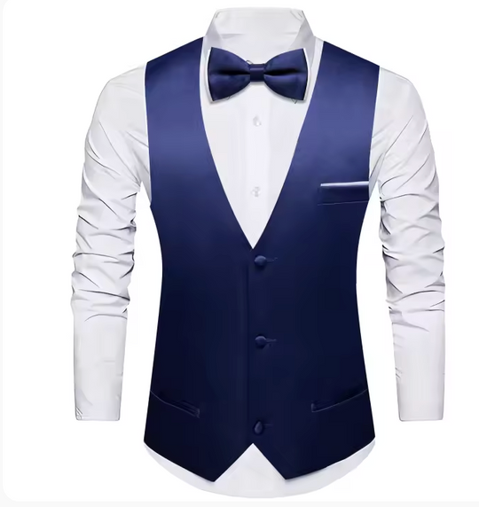 Deep Blue Solid Silk Mens Vest and Bow Tie Set-BW-MJ-0040