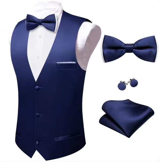 Deep Blue Solid Silk Mens Vest and Bow Tie Set-BW-MJ-0040