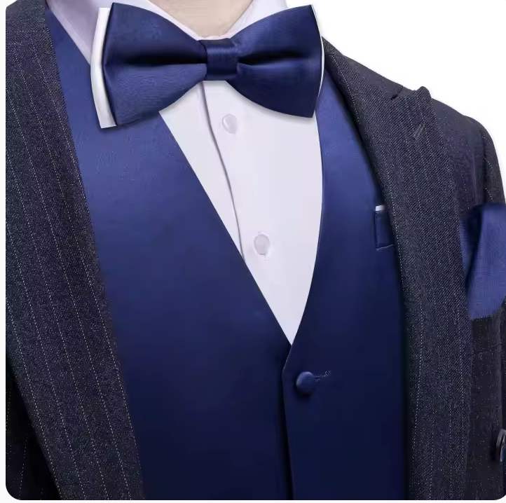 Deep Blue Solid Silk Mens Vest and Bow Tie Set-BW-MJ-0040
