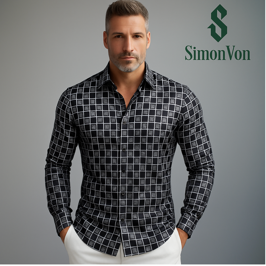 Simon Von Grey  Black Plaid Men's Button Up Dress Shirt-CY-9012