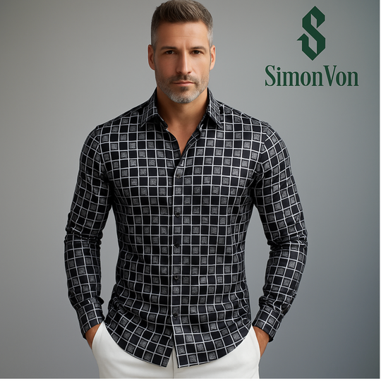 Simon Von Grey  Black Plaid Men's Button Up Dress Shirt-CY-9012
