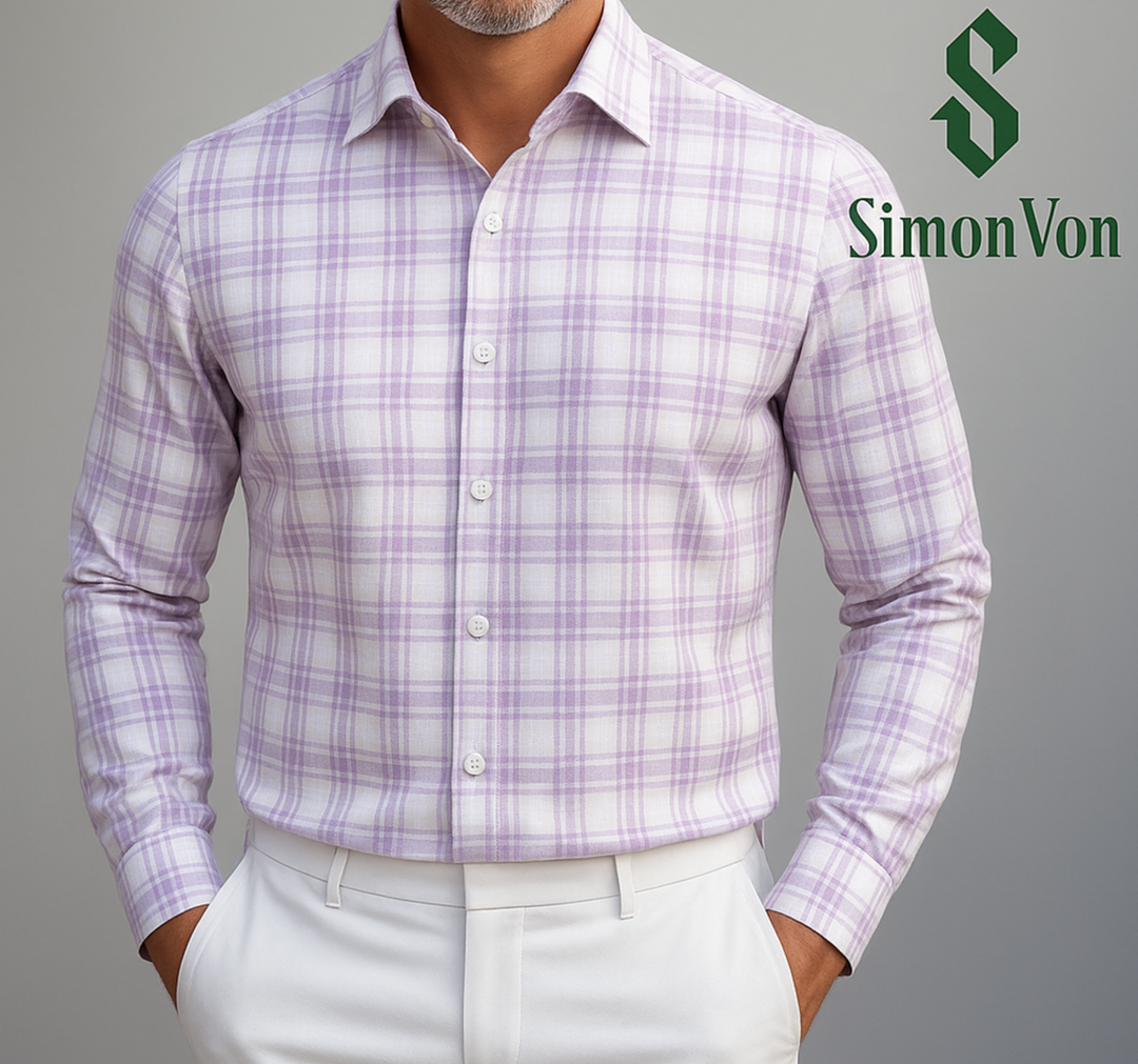 Simon Von Button Down Shirt Purple White Plaid Men's Silk Long Sleeve Shirt-CY-1930