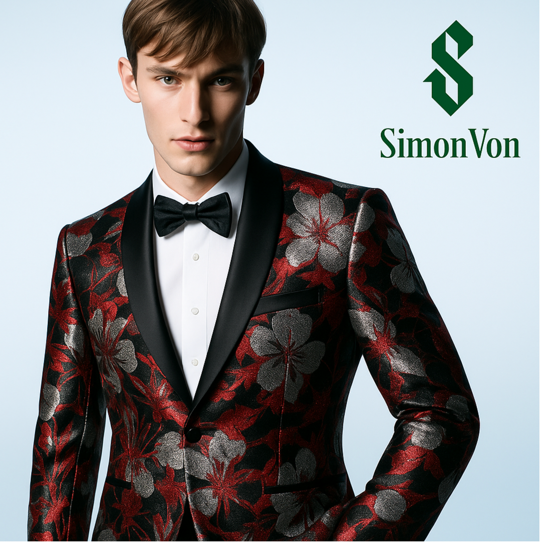 Men's Dress Party Red Grey Floral Suit Jacket Slim One Button Stylish Blazer-XX-0034