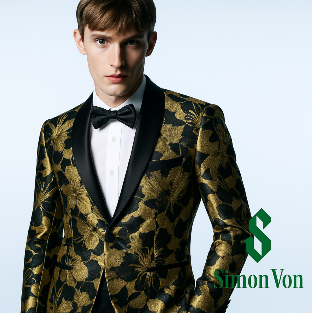 Men's Dress Party Gold Black Floral Suit Jacket Slim One Button Stylish Blazer-XX-0035