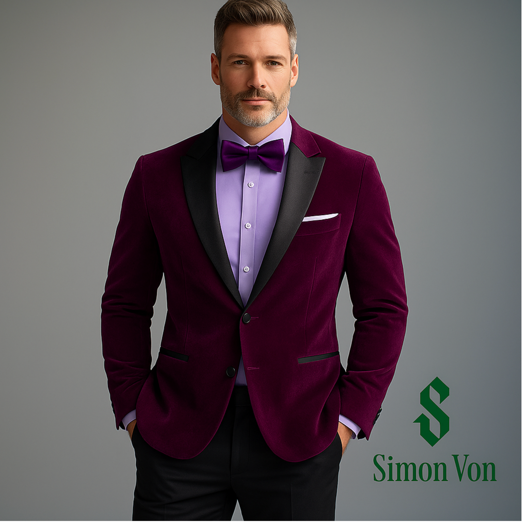 Simon Von Peak Collar Suit Plum Purple Solid Slim Men's Silk Suit-XX-0051