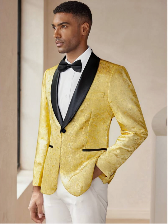 Men's Luxury Golden Embellished Tuxedo Blazer with Black Shawl Lapel & Bow Tie -XX-4016