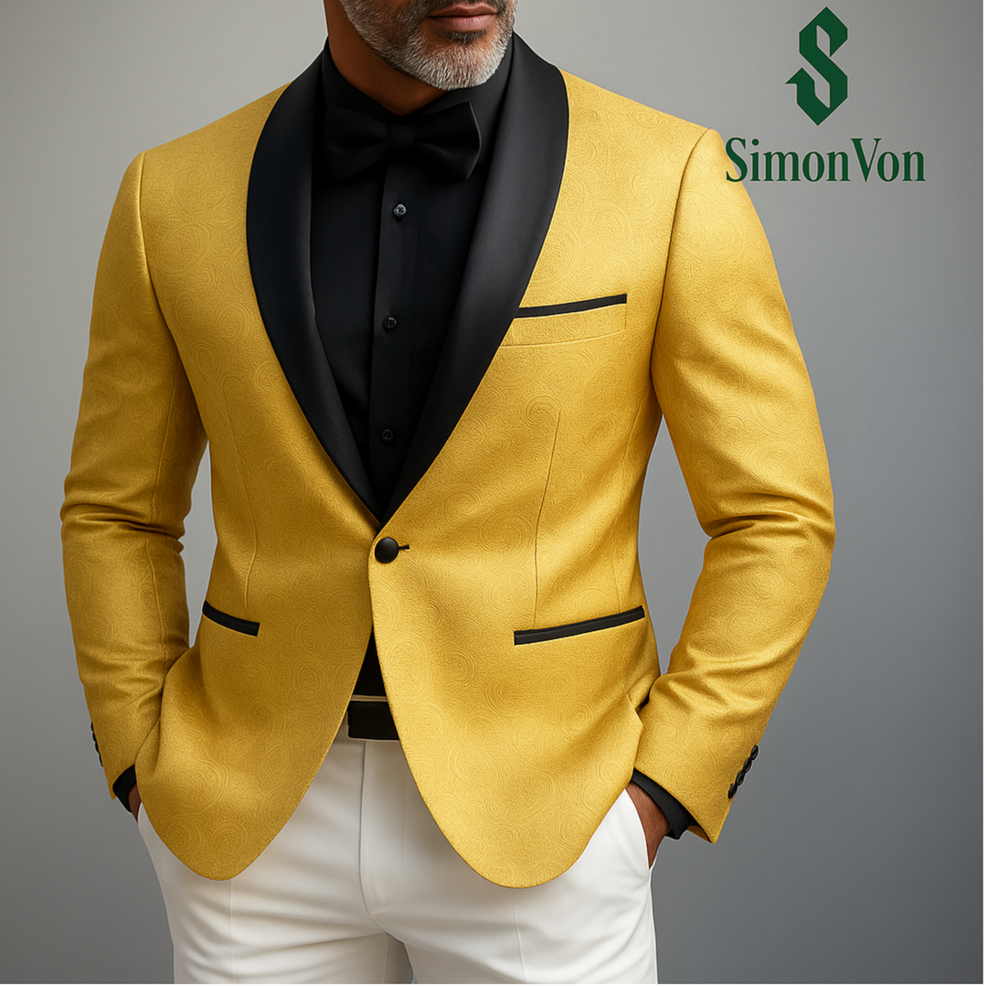 Men's Luxury Golden Embellished Tuxedo Blazer with Black Shawl Lapel & Bow Tie -XX-4016