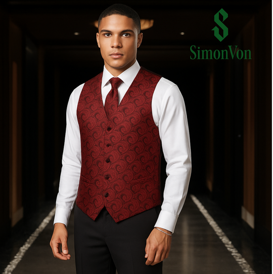 Men's Classic Deep Red Pailey Jacquard Silk Waistcoat Vest Handkerchif Cufflinks Tie Vest Set- Mj0-0106