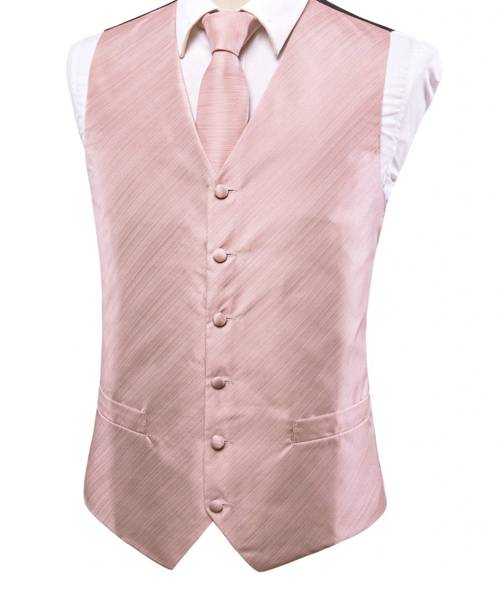 Baby Pink Solid Silk Men's Vest Hanky Cufflinks Tie Set Waistcoat Set.MJ-0033 - SimonVon Shop