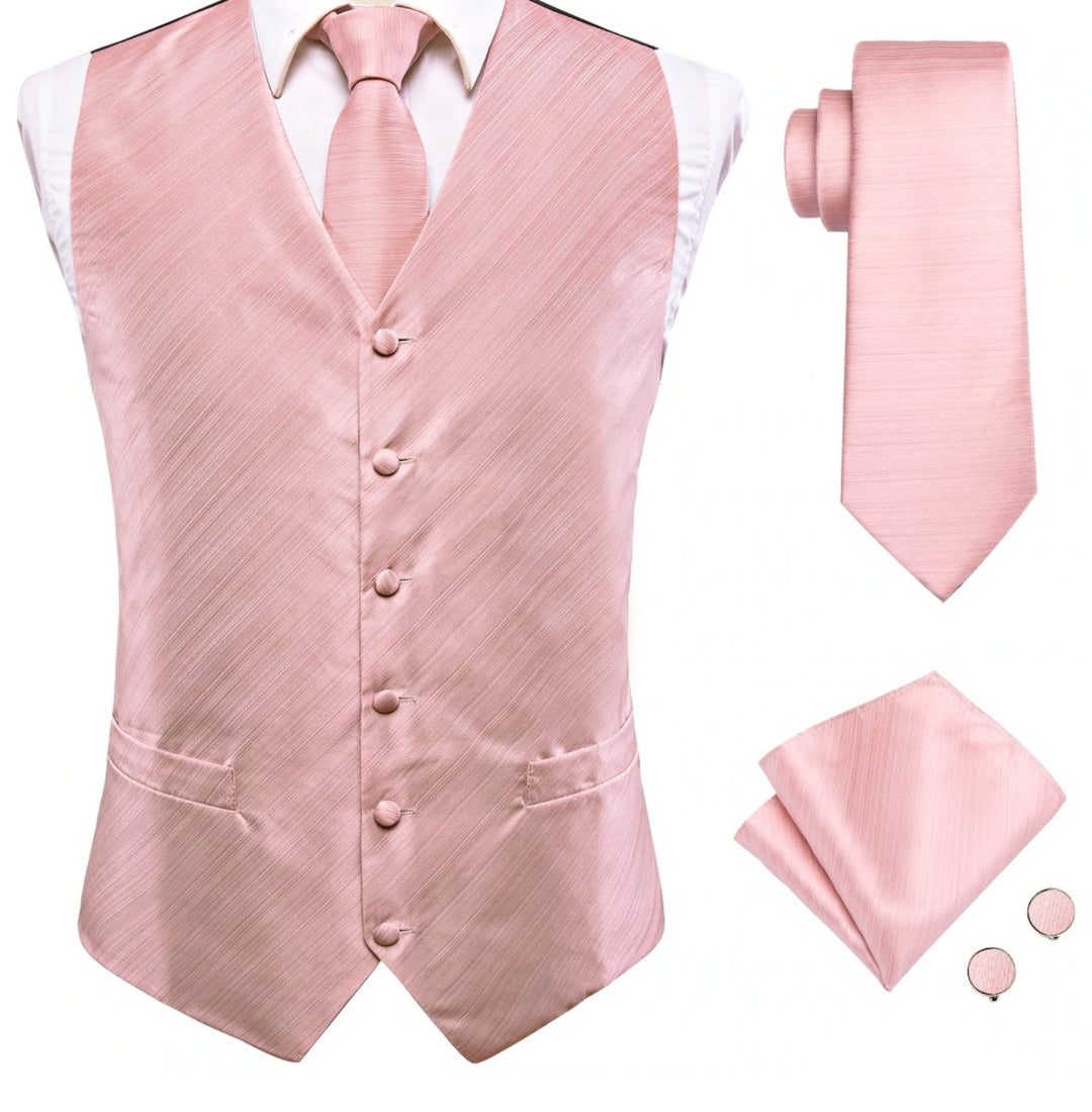 Baby Pink Solid Silk Men's Vest Hanky Cufflinks Tie Set Waistcoat Set.MJ-0033 - SimonVon Shop