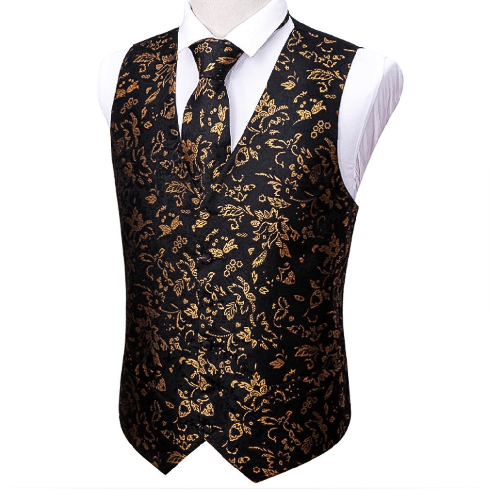 Black And Brown Floral Silk 4pc Waistcoat Vest Necktie Pocket Square Cufflinks Set-MJ-2037 - SimonVon Shop
