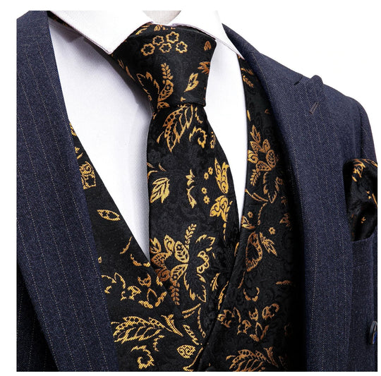 Black And Brown Floral Silk 4pc Waistcoat Vest Necktie Pocket Square Cufflinks Set-MJ-2037 - SimonVon Shop