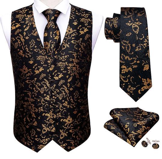 Black And Brown Floral Silk 4pc Waistcoat Vest Necktie Pocket Square Cufflinks Set-MJ-2037 - SimonVon Shop