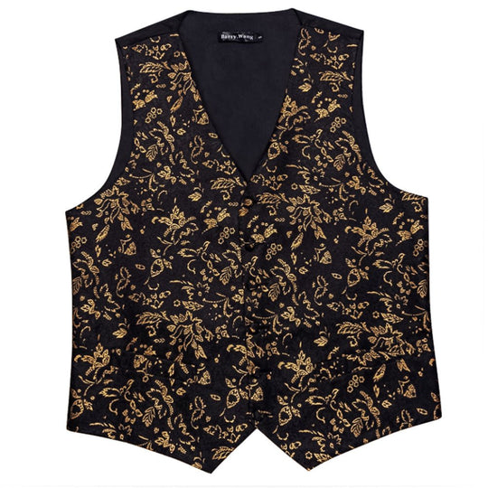 Black And Brown Floral Silk 4pc Waistcoat Vest Necktie Pocket Square Cufflinks Set-MJ-2037 - SimonVon Shop